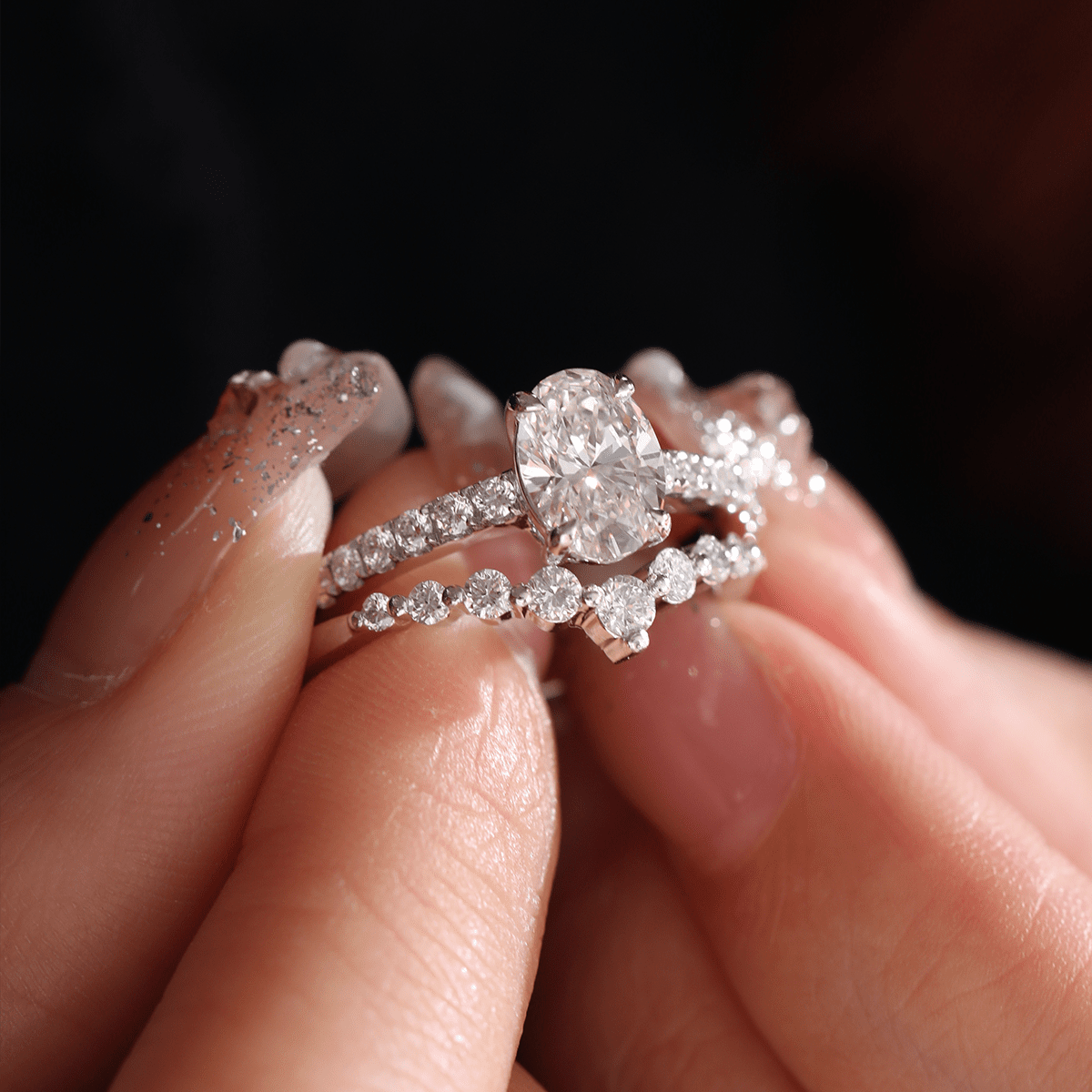 1 CT Oval Cut Lab Diamond 4 - Claw Basket Engagement Ring with Round Lab Diamond Pavé and 7 - Stone V - Shaped Ring Enhancer — Bridal Ring Set - FIORESE JEWELRY