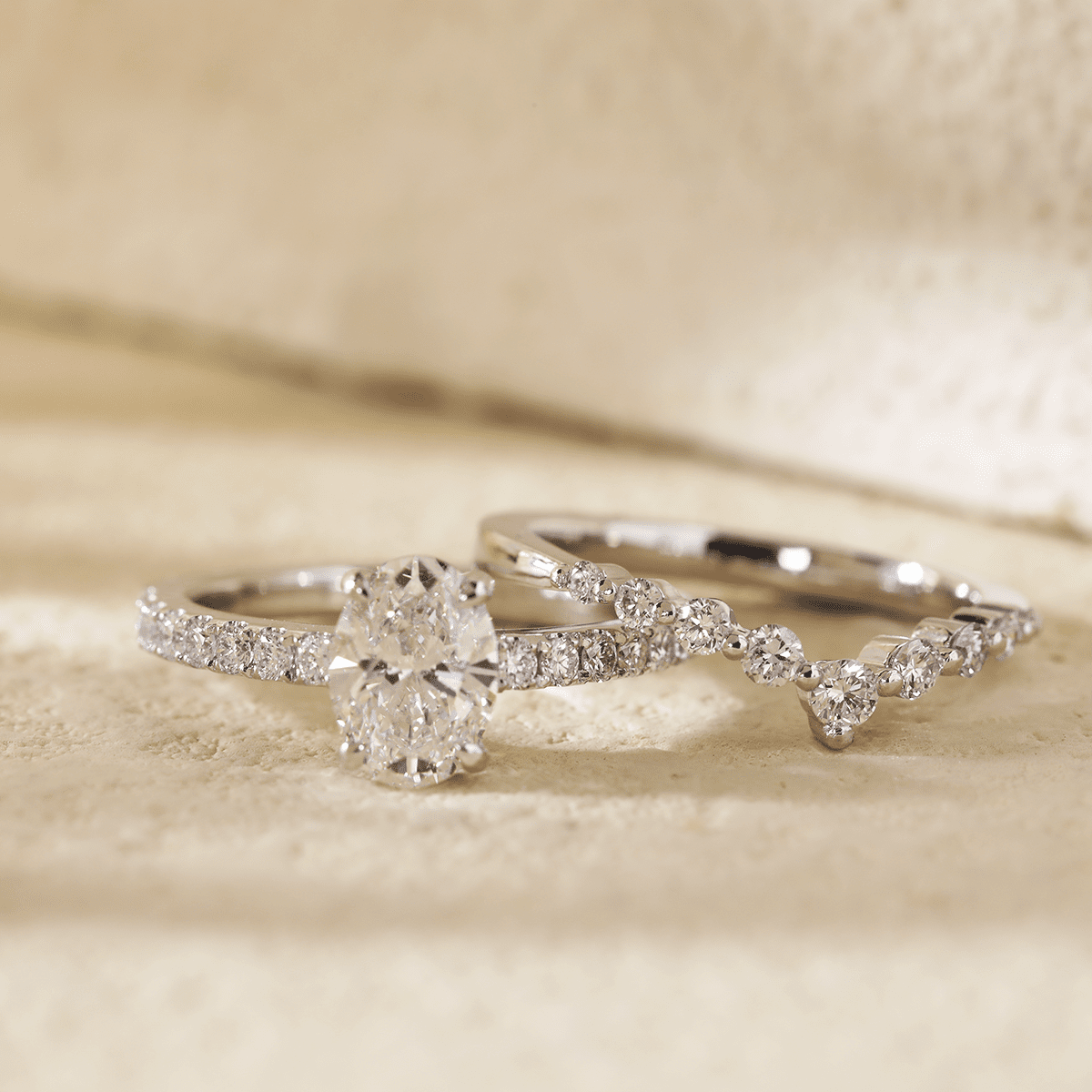 1 CT Oval Cut Lab Diamond 4 - Claw Basket Engagement Ring with Round Lab Diamond Pavé and 7 - Stone V - Shaped Ring Enhancer — Bridal Ring Set - FIORESE JEWELRY