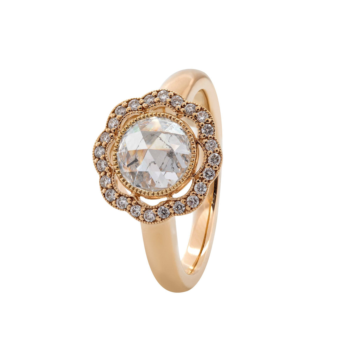 1.22CT Round Rose Cut Halo Design Bezel Set Ring - FIORESE JEWELRY