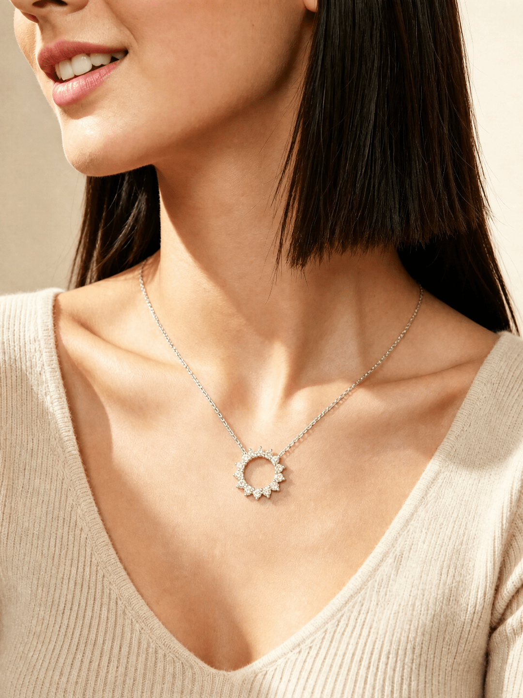 14K gold Sunflower open‑circle halo lab diamond necklace - LGG Jewelry