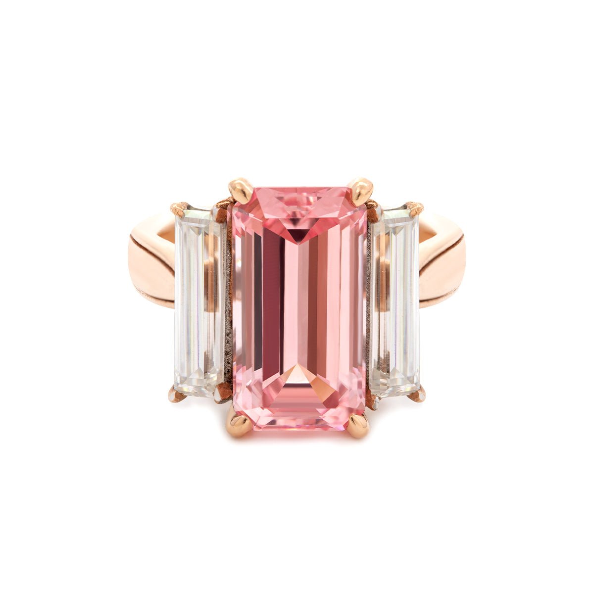 14K Rose and White Gold 13*6.5mm Emerald Cut Lab Pink Sapphire and Two Baguette Cut Lab Diamond Three Stone Cocktail Ring with Tapered Band - FIORESE JEWELRY