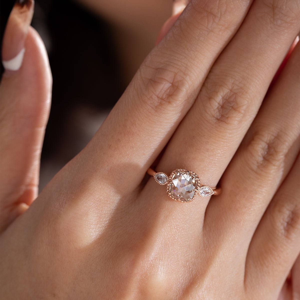 14K Rose Gold 1.5ct Cushion Rose Cut Lab Diamond Millegrain Bezel Three - stone Ring with Pear Shaped Side - stone Design - FIORESE JEWELRY