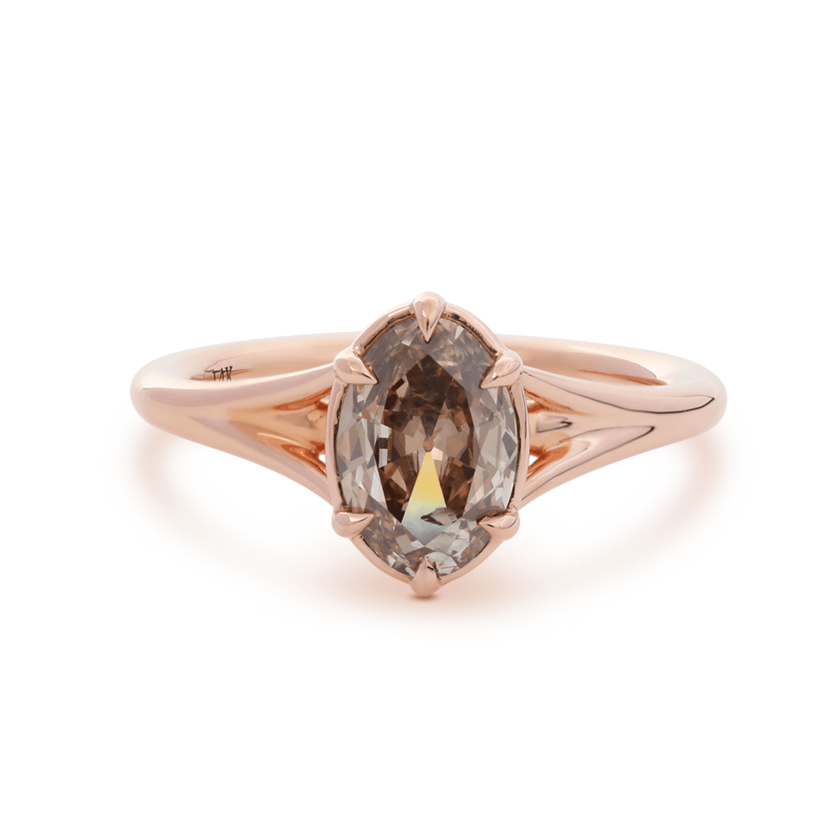 14K Rose Gold 1ct Oval Old Mine Cut Brown Lab Diamond 6 Claw Prong Cathedral Setting Solitaire Ring - FIORESE JEWELRY