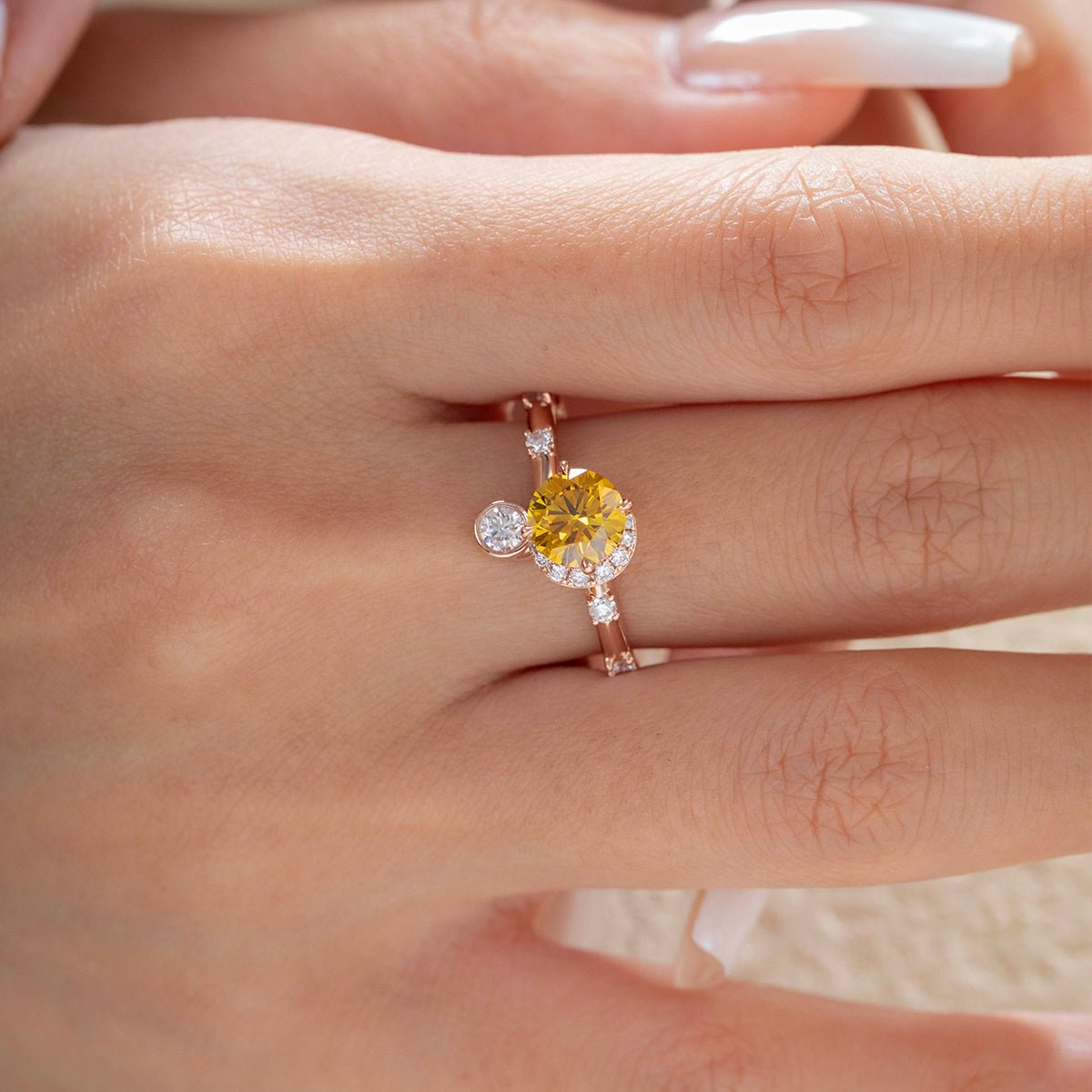 14K Rose Gold 1ct Yellow Round Lab Diamond Celestial - inspired Ring with Sun, New Moon, and Star Design - FIORESE JEWELRY