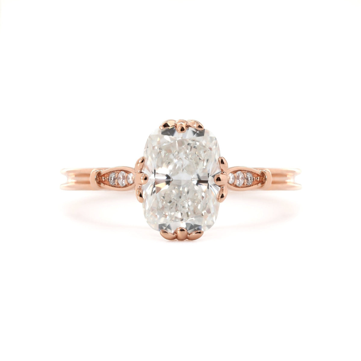 14K Rose Gold 2ct Elongated Cushion Cut Lab Diamond Triple Prong Cathedral Design Ring - FIORESE JEWELRY