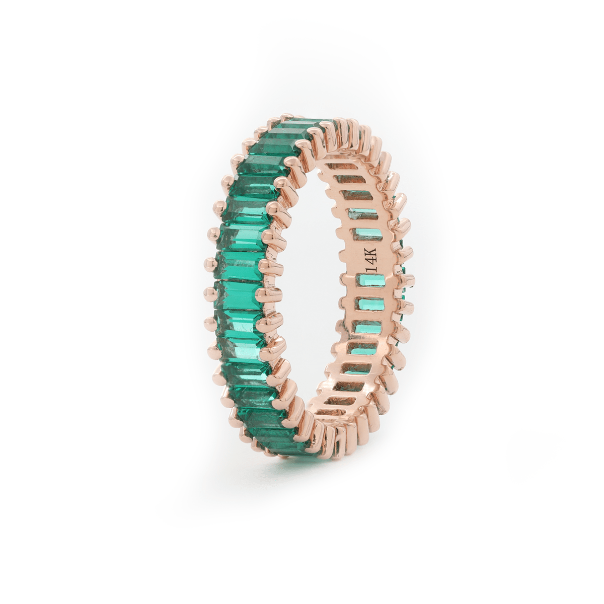 14K Rose Gold 3*1.5mm Baguette Cut Zambian Lab Emerald Eternity Ring - FIORESE JEWELRY