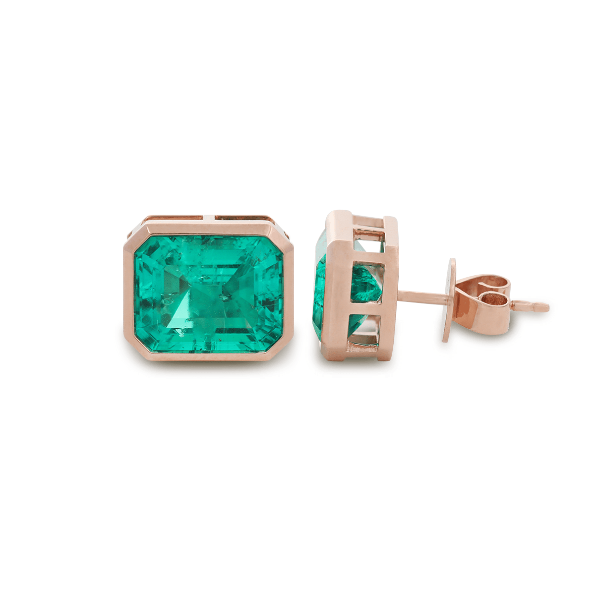 14K Rose Gold 6 ct tw Columbian Lab Emerald Bezel Basket Stud Earrings - FIORESE JEWELRY