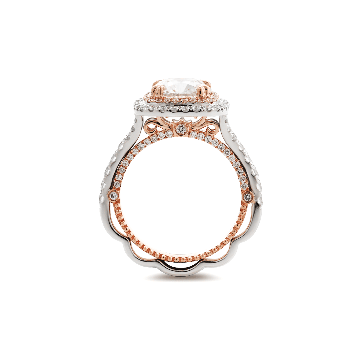 14K White and Rose Gold 2.5ct Old Mine Cut Lab Diamond Evelina Halo Edwardian Style Ring with Waverly Band and Millegrain Edging - FIORESE JEWELRY