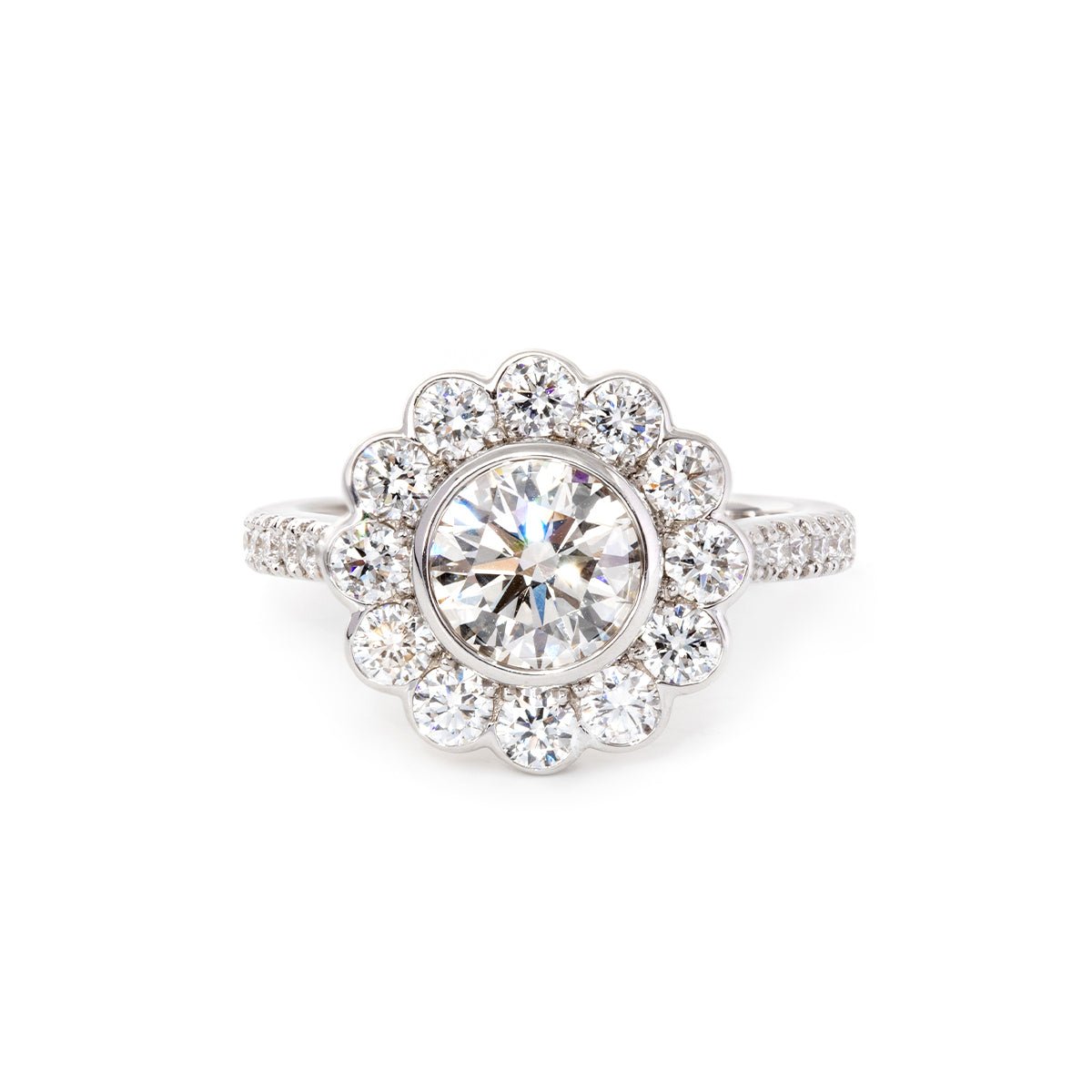14K White Gold 1.5ct Round Cut Lab Diamond Halo Ring with Tapered Band and Half Circle Pave - FIORESE JEWELRY