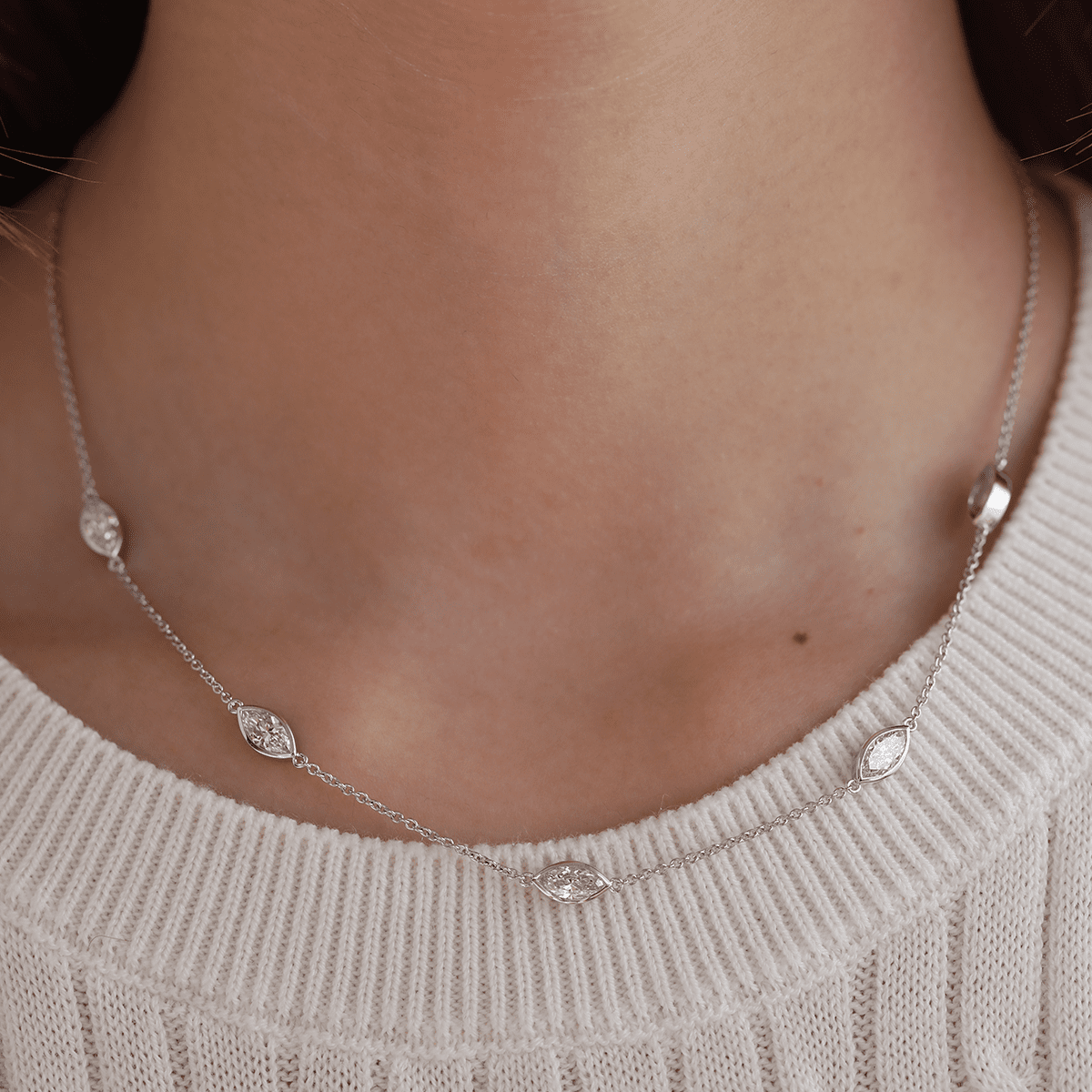 14K White Gold 2.5 ct tw Marquise Cut Lab Diamond Bezel 5 - Stone Station Necklace - FIORESE JEWELRY