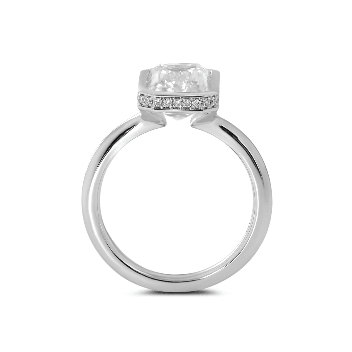 14K White Gold 3ct Criss Cut Bezel Ring with Round Lab Diamond Hidden Halo - FIORESE JEWELRY