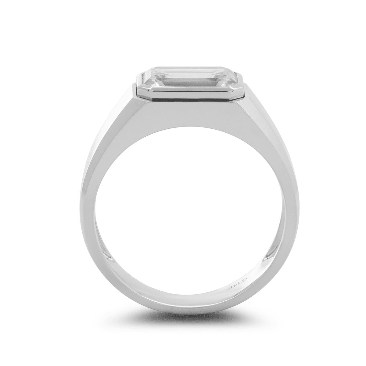 14K White Gold 3ct Emerald Cut Lab Diamond Bezel Men's Ring in Tapered Band Design - FIORESE JEWELRY