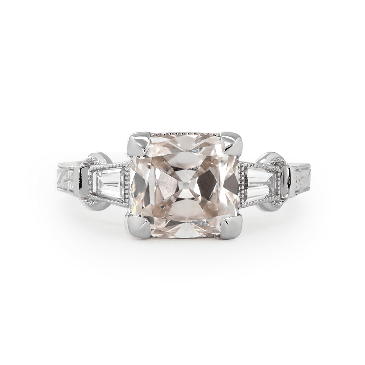 14K White Gold 3ct Old Mine Cut Lab Diamond Art Deco Style Vintage Engraved Three - stone Ring with Tapered Baguette Cut Side Stones - FIORESE JEWELRY
