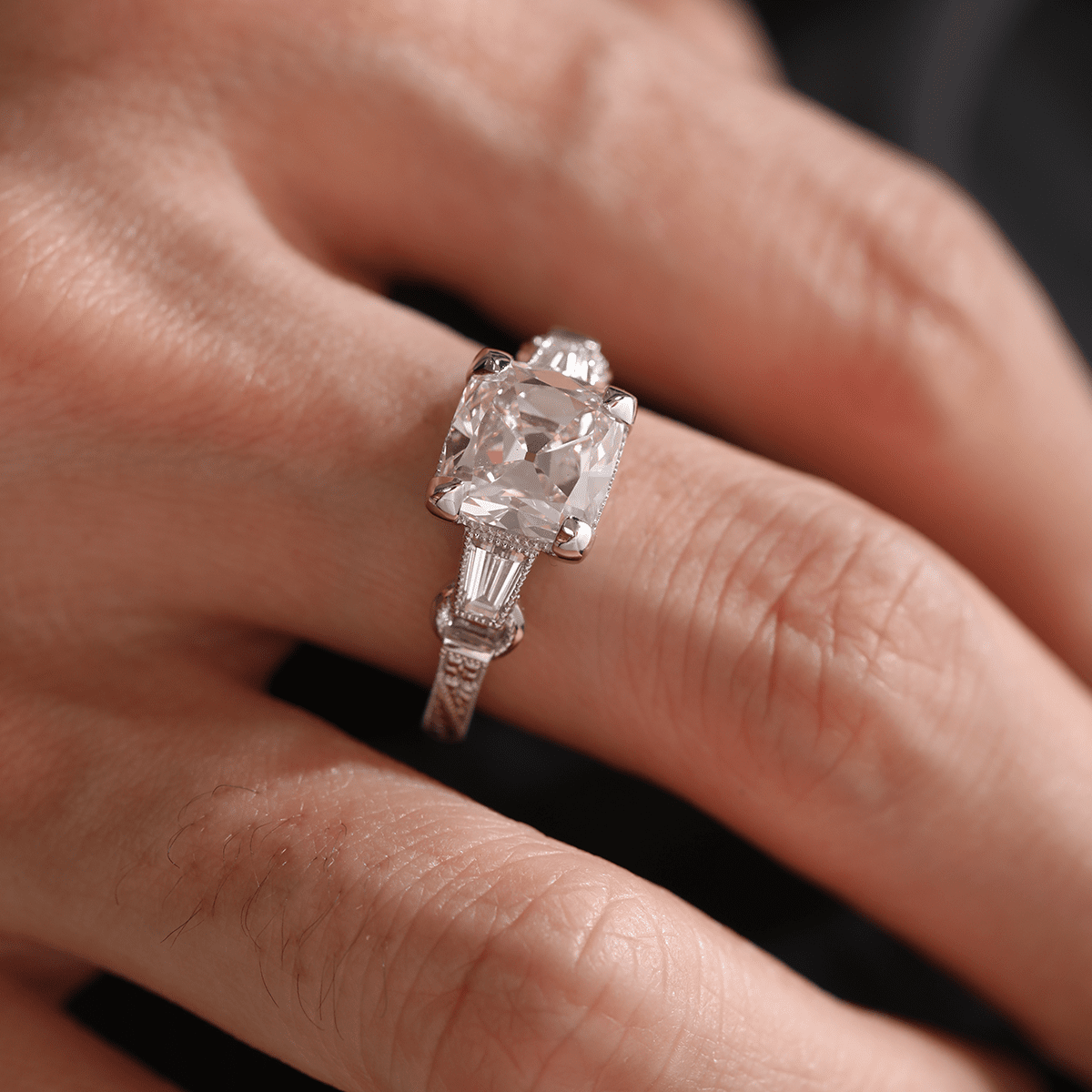 14K White Gold 3ct Old Mine Cut Lab Diamond Art Deco Style Vintage Engraved Three - stone Ring with Tapered Baguette Cut Side Stones - FIORESE JEWELRY