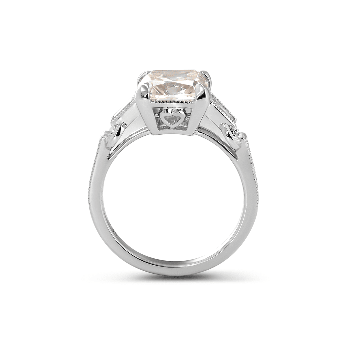 14K White Gold 3ct Old Mine Cut Lab Diamond Art Deco Style Vintage Engraved Three - stone Ring with Tapered Baguette Cut Side Stones - FIORESE JEWELRY