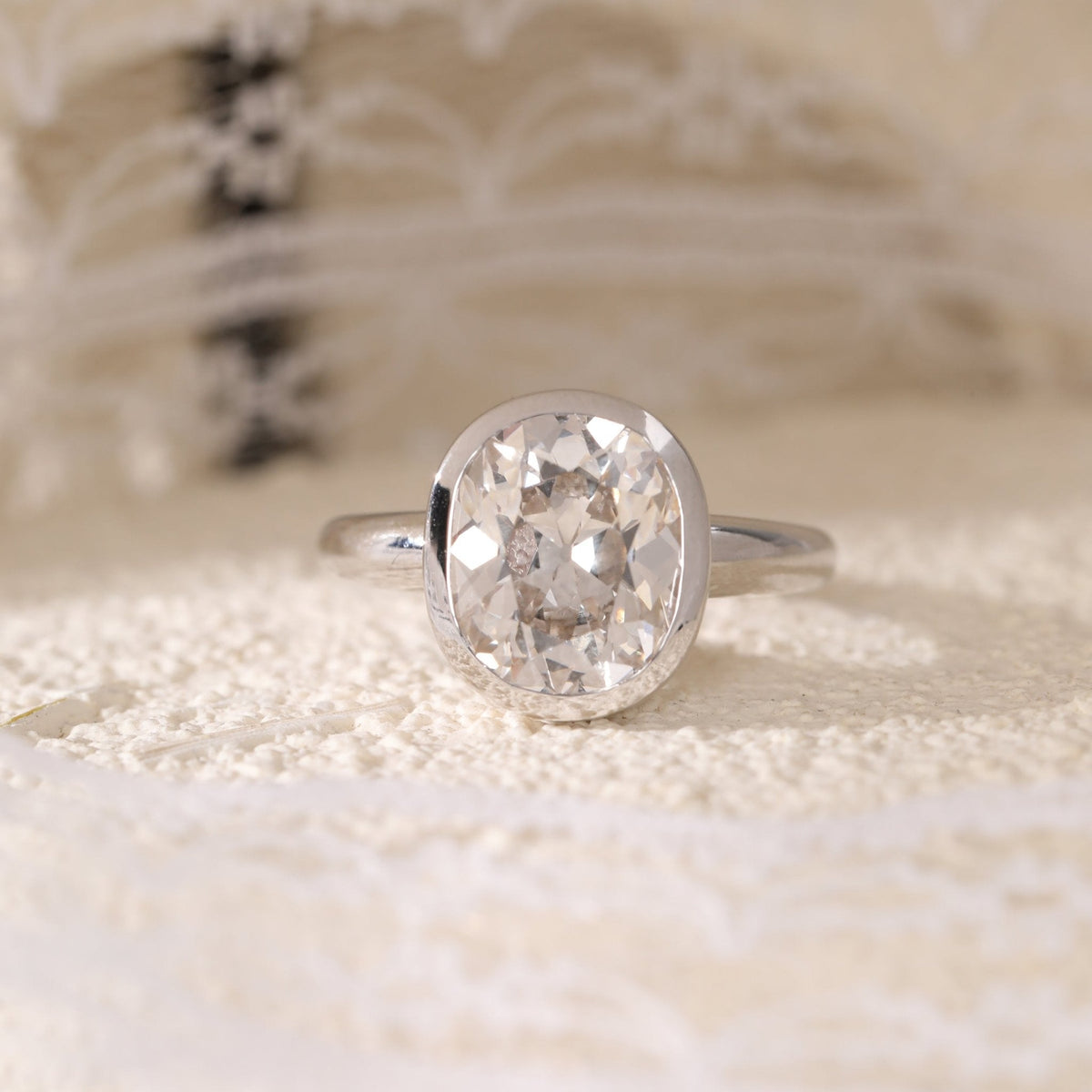 14K White Gold 4.5ct Elongated Old Mine Cut Lab Diamond Bezel Solitaire Ring - FIORESE JEWELRY