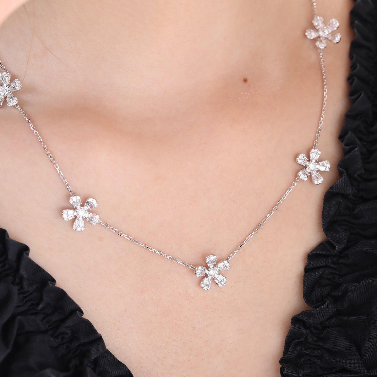 14K White Gold 5 - Flower Station Necklace with Round and Baguette Cut Lab Diamonds - FIORESE JEWELRY