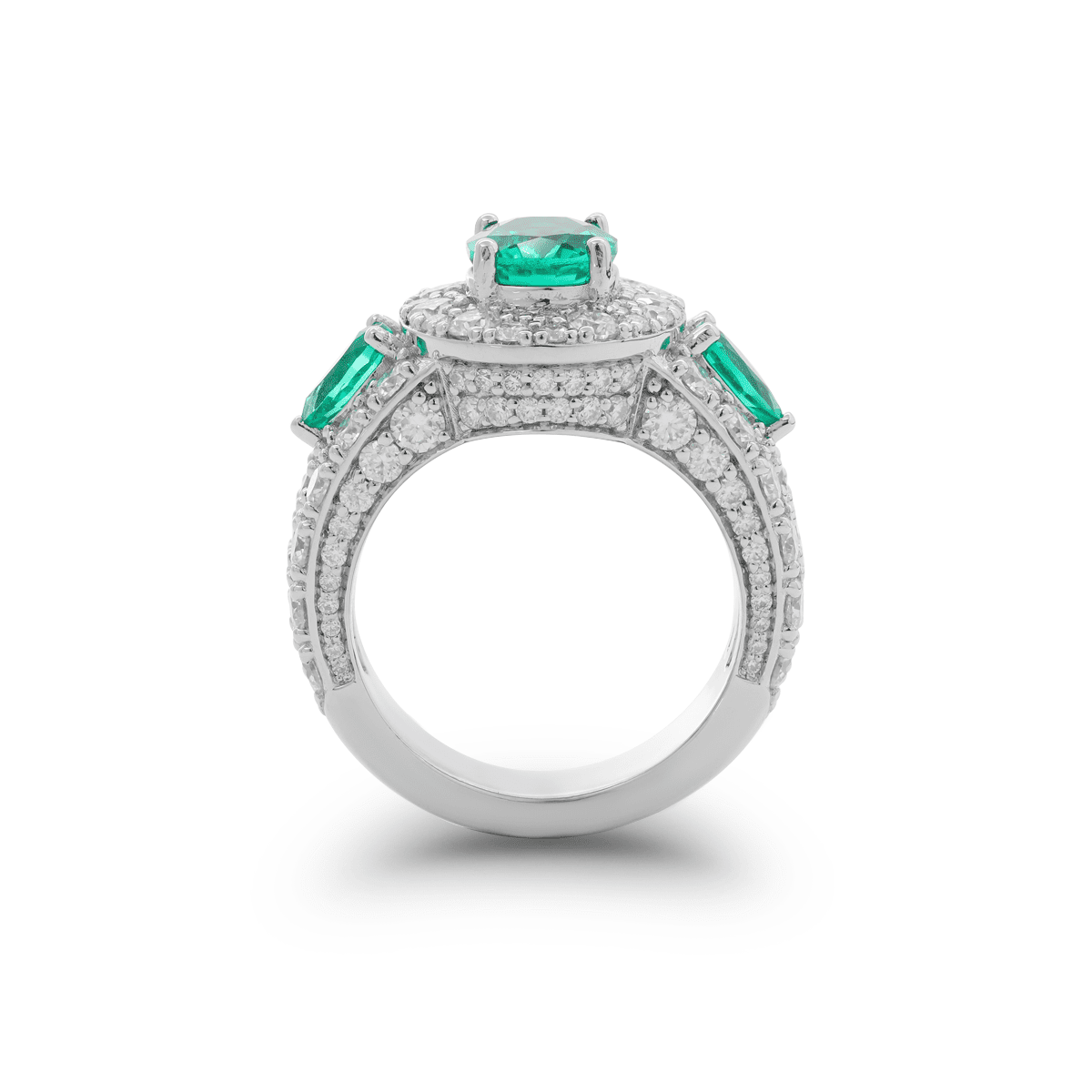 14K White Gold 9*7mm Oval Columbian Lab Emerald Vintage Ring with Pear Lab Emerald and Round Lab Diamond Side - stones Pave - FIORESE JEWELRY