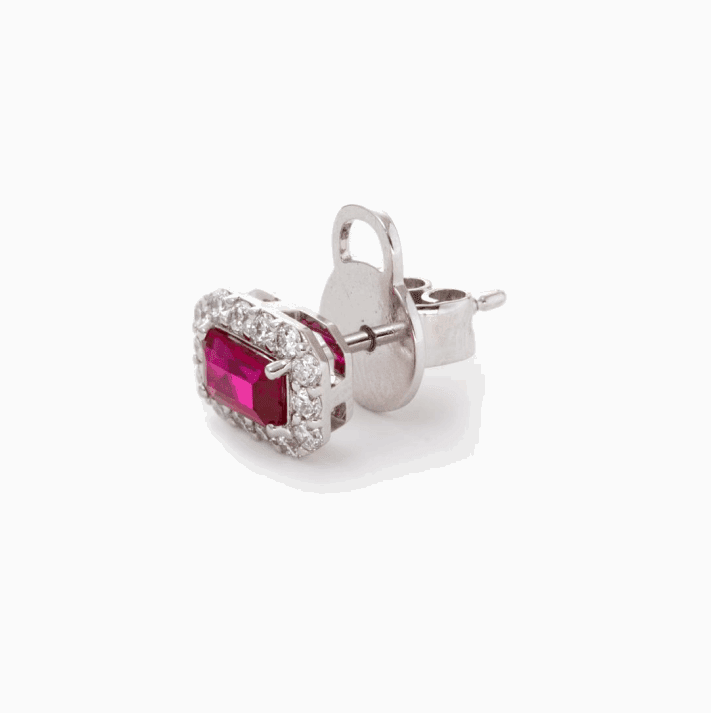 14K White Gold Emerald Cut Ruby Lab Diamond Halo Stud Earrings - FIORESE JEWELRY