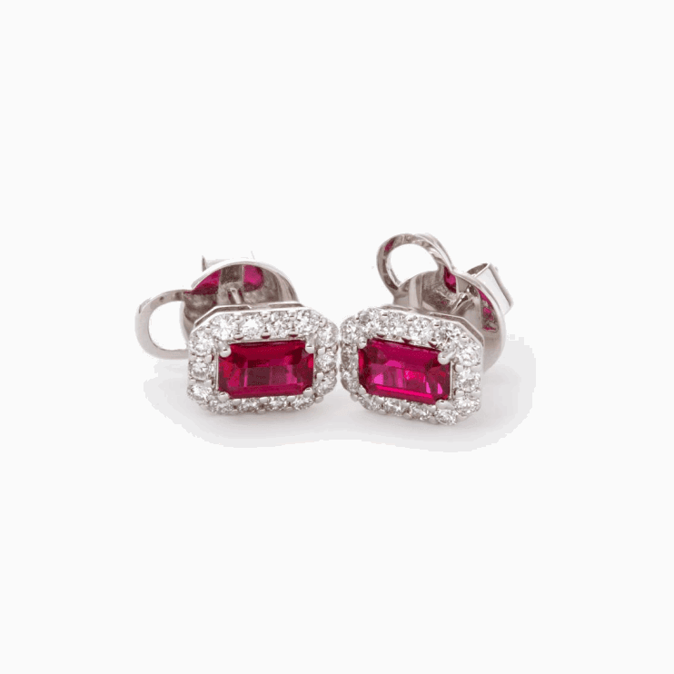14K White Gold Emerald Cut Ruby Lab Diamond Halo Stud Earrings - FIORESE JEWELRY