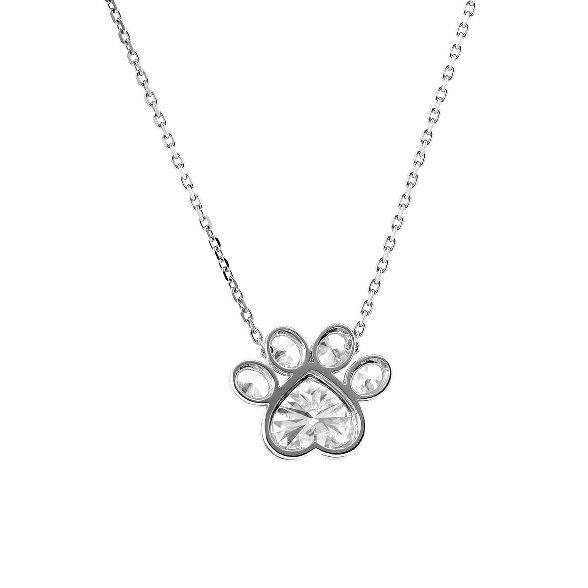 14K White Gold Heart Shaped and Oval Lab diamond Bella Paw Bezel Pendant Necklace - FIORESE JEWELRY