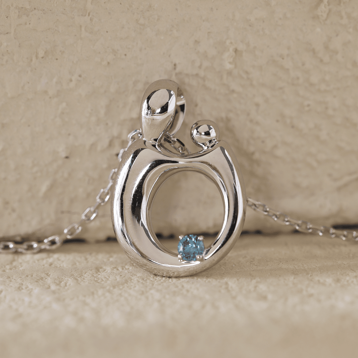 14K White Gold Mother and Child Pendant Necklace with Blue Round Lab Diamond - FIORESE JEWELRY
