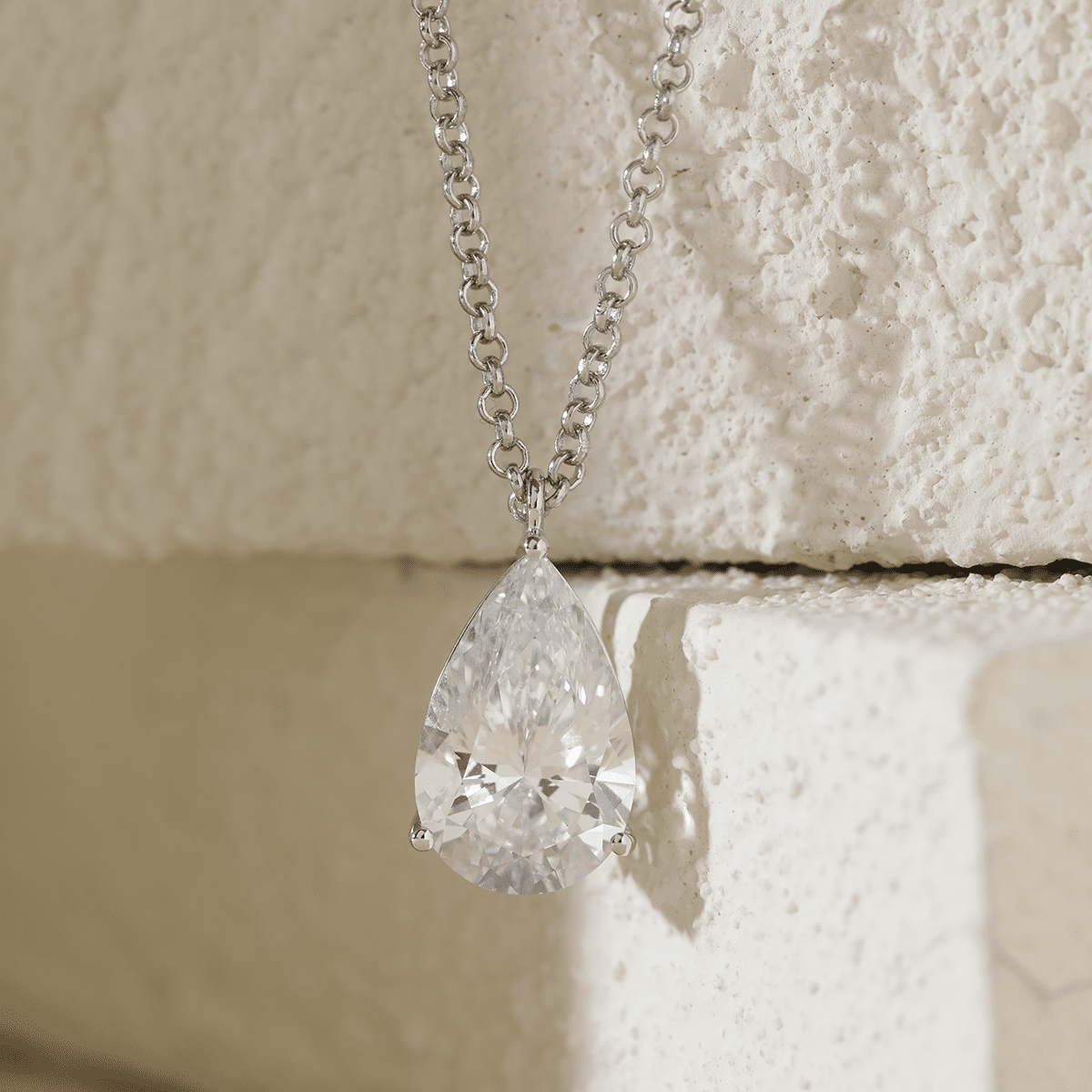 14K White Gold Necklace with 6ct Pear Shaped Lab Diamond Pendant in 3 Prong Basket Setting and Rolo Chain - FIORESE JEWELRY