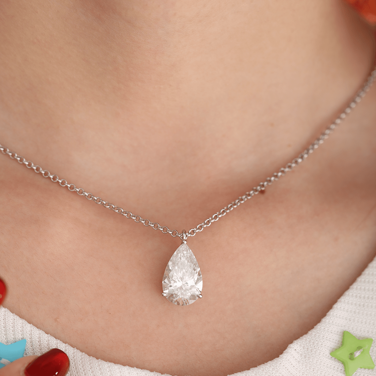 14K White Gold Necklace with 6ct Pear Shaped Lab Diamond Pendant in 3 Prong Basket Setting and Rolo Chain - FIORESE JEWELRY