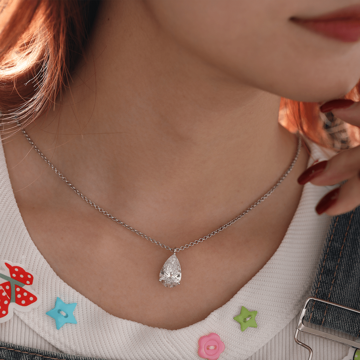 14K White Gold Necklace with 6ct Pear Shaped Lab Diamond Pendant in 3 Prong Basket Setting and Rolo Chain - FIORESE JEWELRY