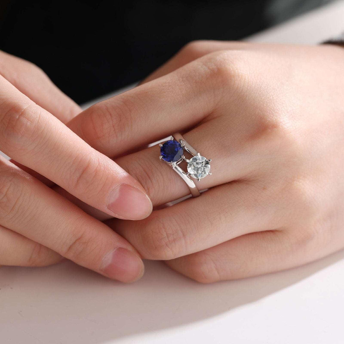 14K White Gold Old European Cut Lab Diamond & Lab Sapphire Toi et Moi Ring - FIORESE JEWELRY