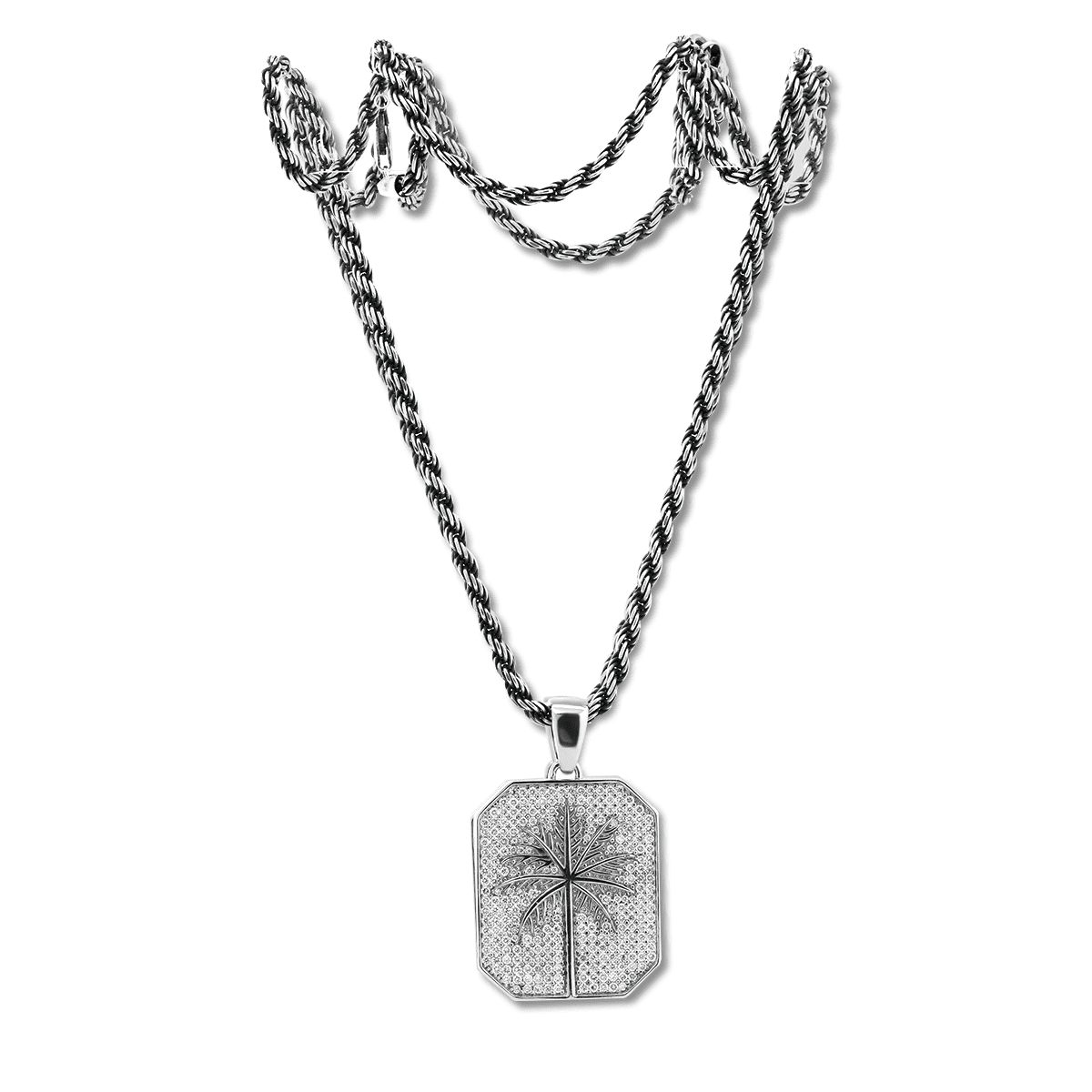 14K White Gold Palm Pendant Necklace with Round Lab Diamond Pave - FIORESE JEWELRY