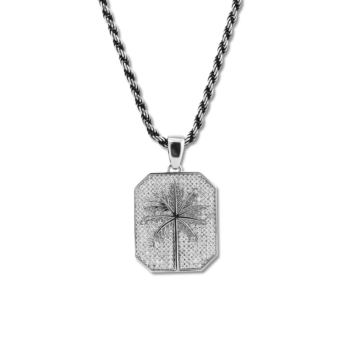 14K White Gold Palm Pendant Necklace with Round Lab Diamond Pave - FIORESE JEWELRY