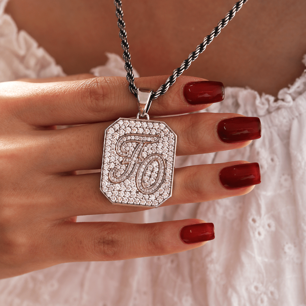 14K White Gold Palm Pendant Necklace with Round Lab Diamond Pave - FIORESE JEWELRY