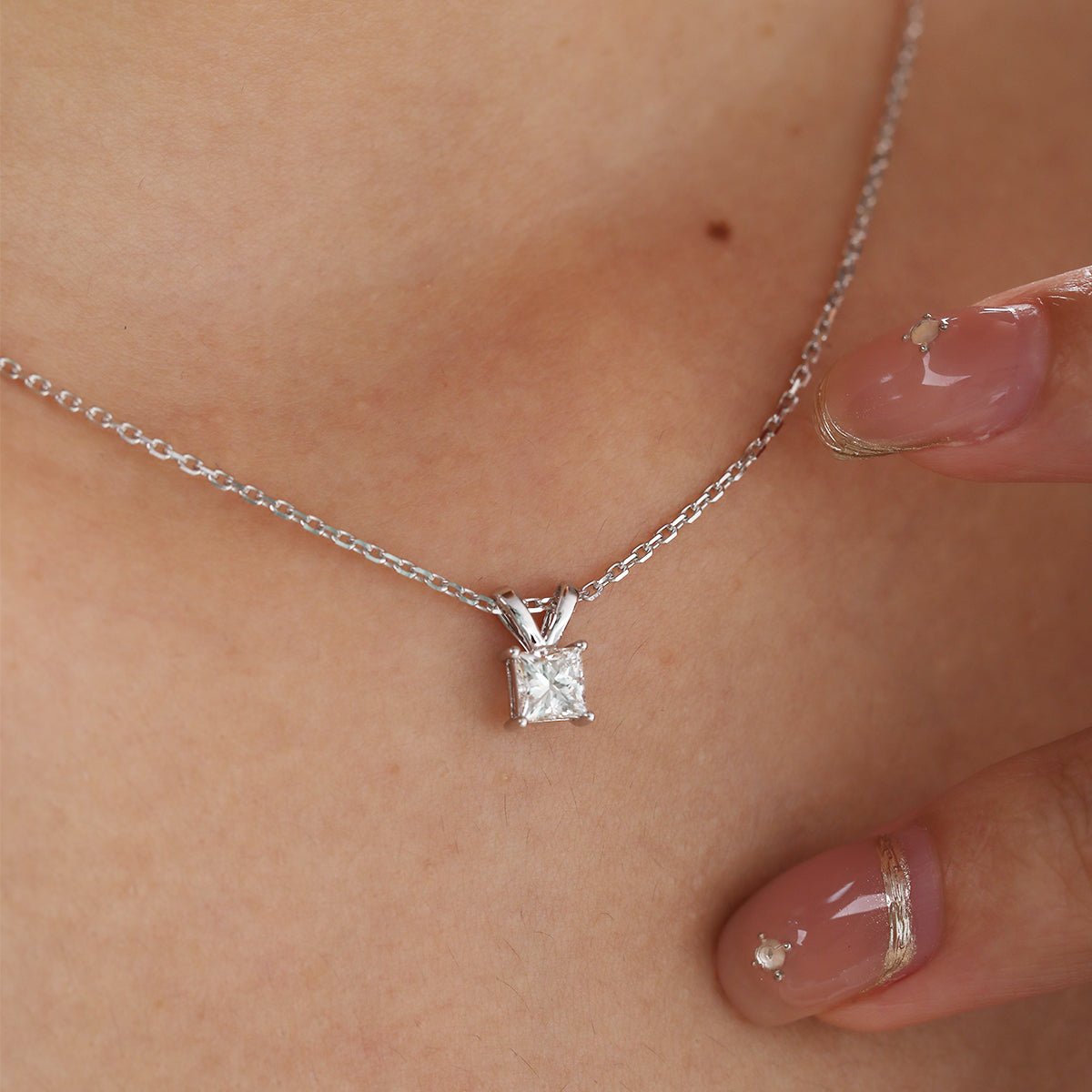 14K White Gold Princess Cut Lab diamond 4 Prong Basket Pendant Necklace - FIORESE JEWELRY