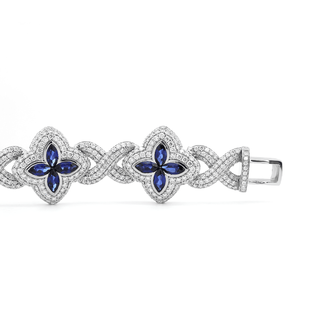 14K White Gold Round Lab Diamond Bracelet with Pear Lab Sapphire – Art Nouveau Nature - Inspired Eternal Fleur Blue Design - FIORESE JEWELRY