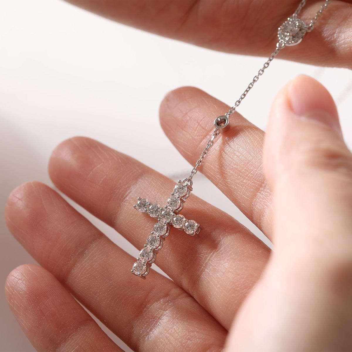 14K White Gold Round Lab Diamond Cross Necklace - FIORESE JEWELRY