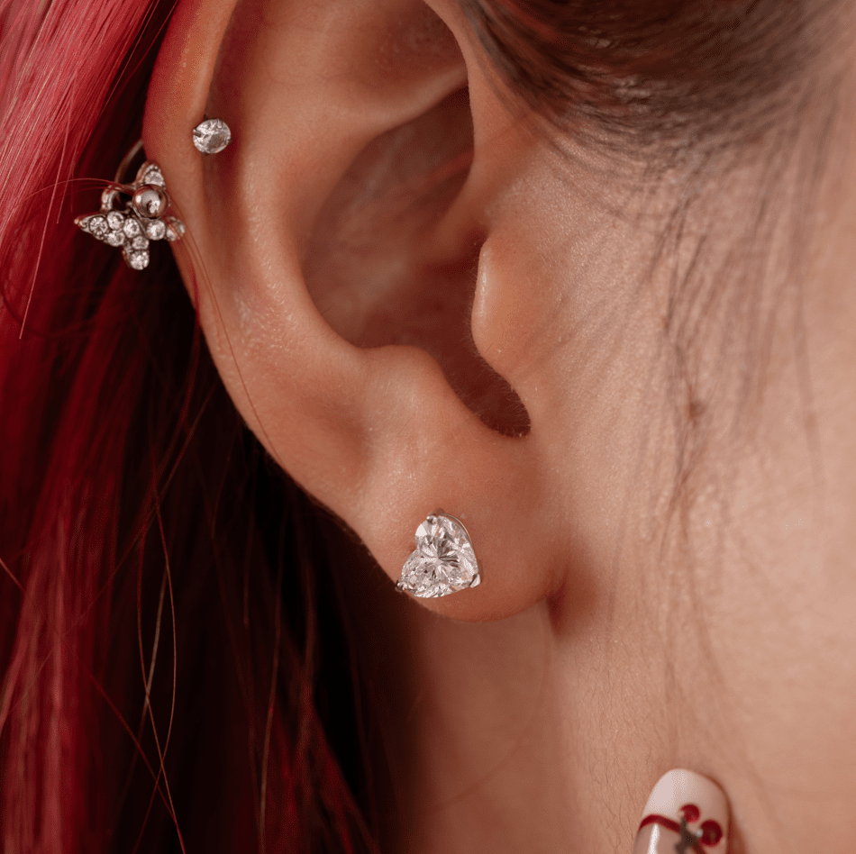 14K White Gold Stud Earrings with 2 ct tw Heart Shaped Lab Diamond and Basket Setting - FIORESE JEWELRY