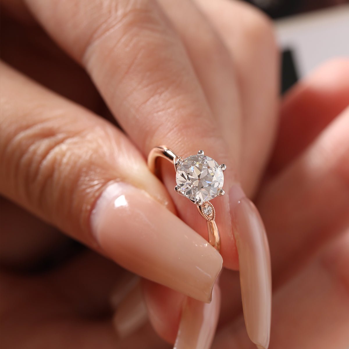 14K White & Rose Gold Old European Cut Diamond Three Stone Oval Elongated Cushion Cut Engagement Rings - FIORESE JEWELRY