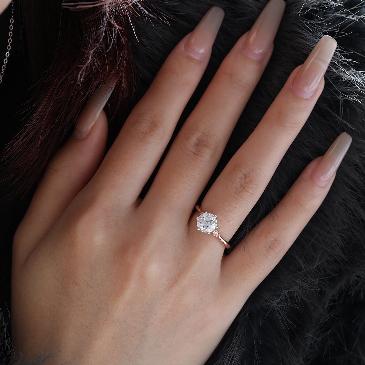 14K White & Rose Gold Old European Cut Diamond Three Stone Oval Elongated Cushion Cut Engagement Rings - FIORESE JEWELRY