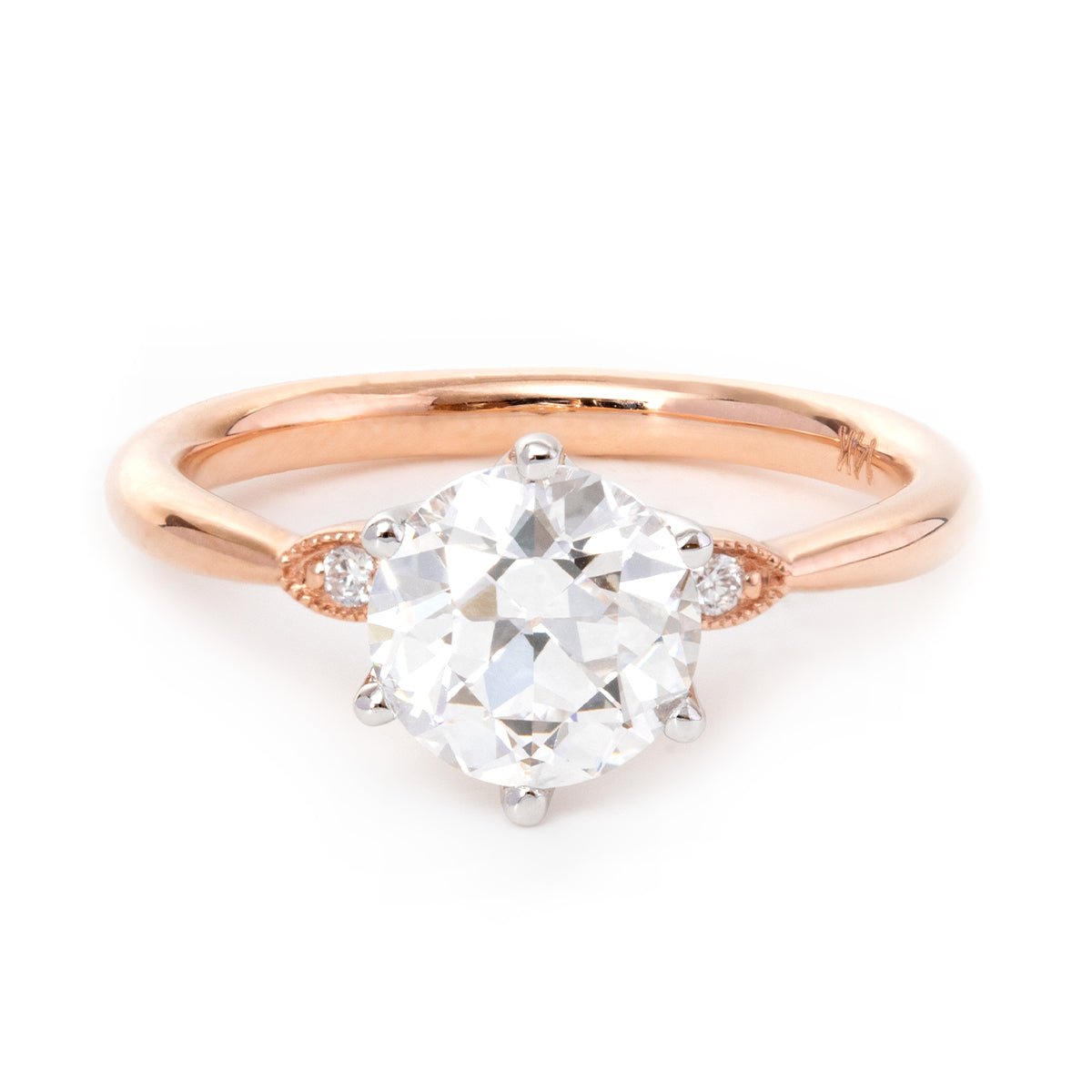 14K White & Rose Gold Old European Cut Diamond Three Stone Oval Elongated Cushion Cut Engagement Rings - FIORESE JEWELRY