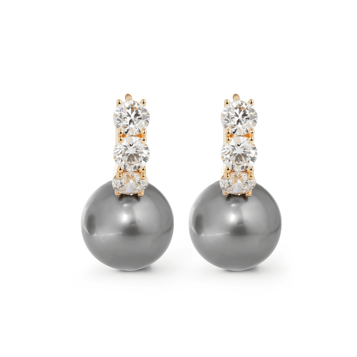 14K Yellow Gold 12mm Grey Fresh - water Pearl with Round Lab Diamond Side - stones Hoop Earrings - FIORESE JEWELRY
