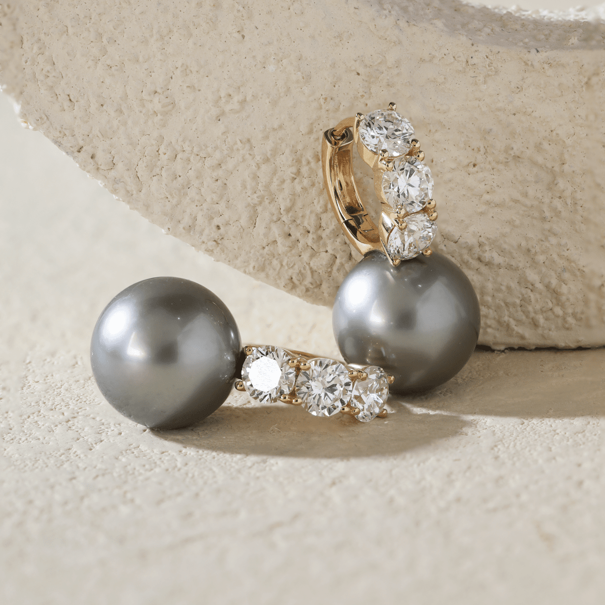 14K Yellow Gold 12mm Grey Fresh - water Pearl with Round Lab Diamond Side - stones Hoop Earrings - FIORESE JEWELRY