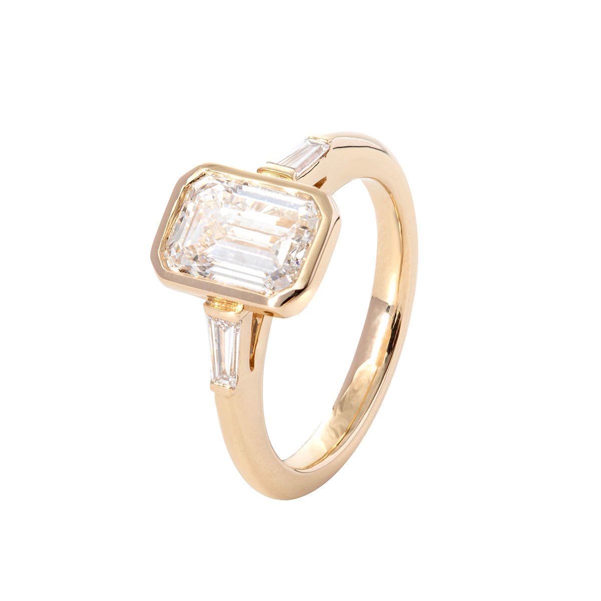 14K Yellow Gold 1.5ct Emerald Cut Lab Diamond Elongated Trapezoid Cut Three - stone Bezel Engagement Ring - FIORESE JEWELRY