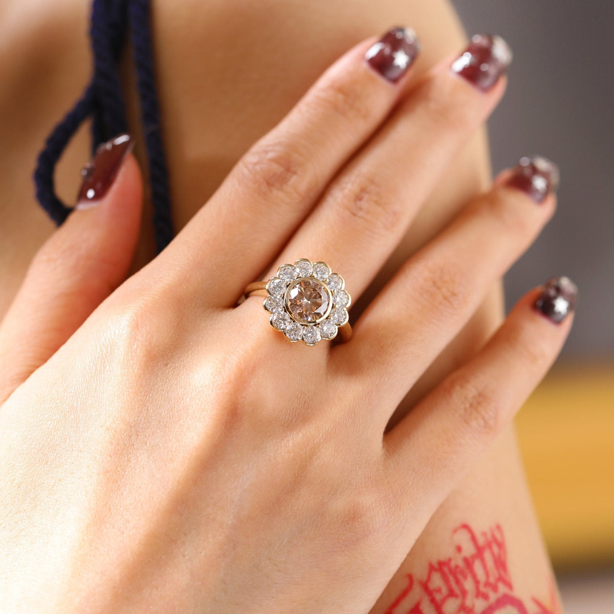14K Yellow Gold 1.5ct Round Cut Light Brown Lab Diamond Bezel Ring with Roound Lab Diamond Halo - FIORESE JEWELRY