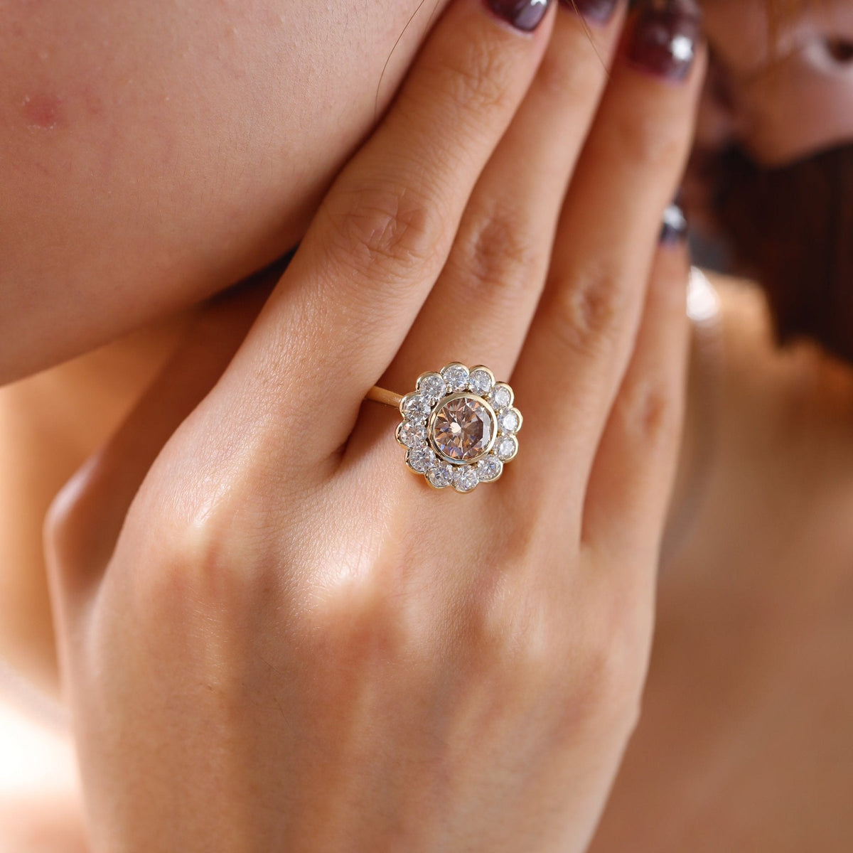14K Yellow Gold 1.5ct Round Cut Light Brown Lab Diamond Bezel Ring with Roound Lab Diamond Halo - FIORESE JEWELRY