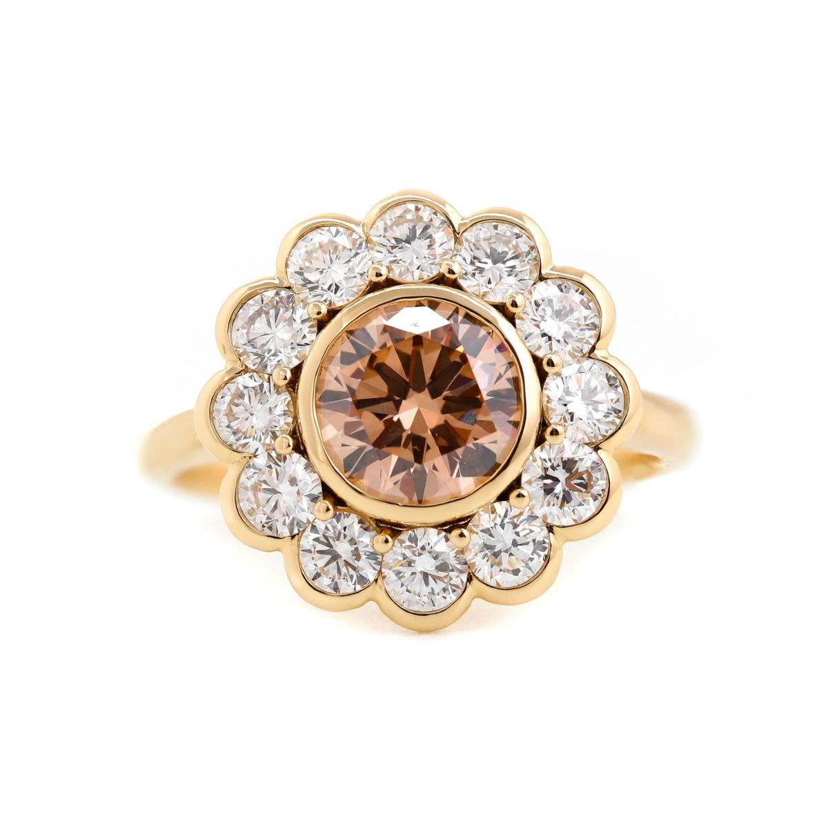 14K Yellow Gold 1.5ct Round Cut Light Brown Lab Diamond Bezel Ring with Roound Lab Diamond Halo - FIORESE JEWELRY