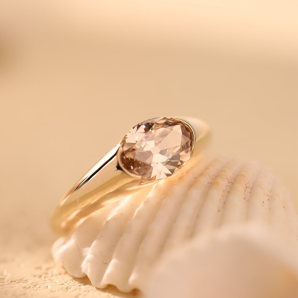 14K Yellow Gold 1.7ct Oval Champagne Color Old Mine Cut Lab Diamond Solitaire Hale Bezel Ring - FIORESE JEWELRY