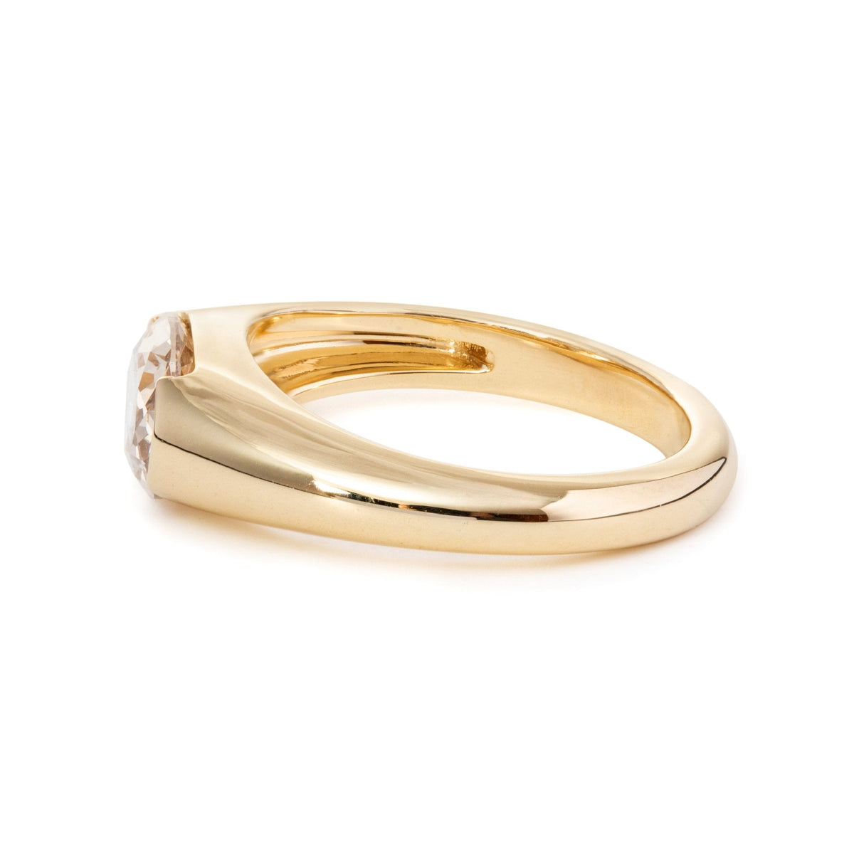 14K Yellow Gold 1.7ct Oval Champagne Color Old Mine Cut Lab Diamond Solitaire Hale Bezel Ring - FIORESE JEWELRY