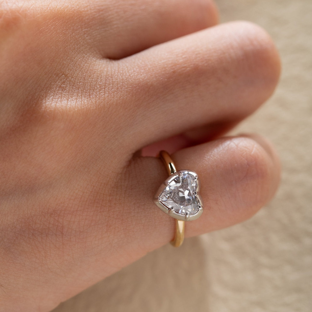 14K Yellow Gold 1ct Heart Shaped Lab Diamond Ring with White Gold Bezel Setting - FIORESE JEWELRY