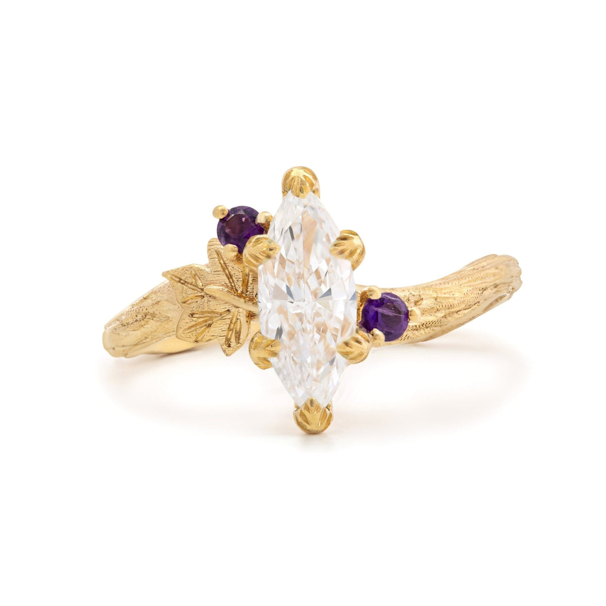 14K Yellow Gold 1ct Marquise Lab Diamond Wavy Ring – Art Nouveau Nature - Inspired Bark Texture Design - FIORESE JEWELRY